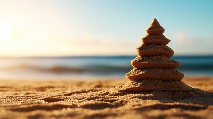 Wall Mural - sandcastle on beach with ocean waves and sunset backdrop.
