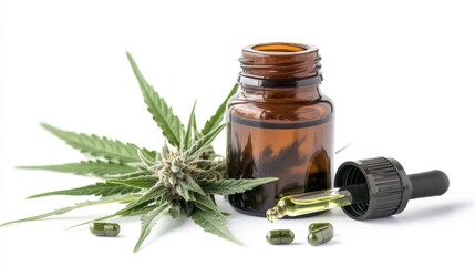 A jar of CBD oil with a dropper beside it, isolated on a white background