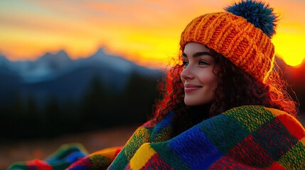 Young woman enjoying sunset, wrapped in colorful blanket, wearing knitted hat.