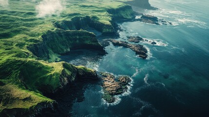 aerial view of the dramatic landscape surrounding the giant's causeway, with green cliffs and the no