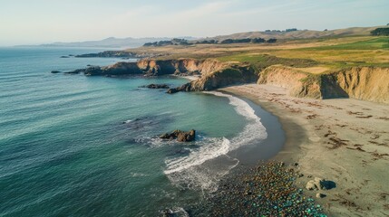 Aerial view of Glass Beach and its multicolored sea glass, with the rugged cliffs of the California coastline in the background. No people included.