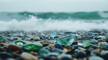 Close-up of green, blue, and brown sea glass pebbles scattered across Glass Beachs shore, with ocean waves softly crashing nearby. No people included.