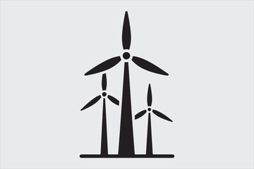 black and white silhouette of two wind turbines.