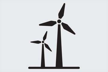 Black and white silhouette of two wind turbines.