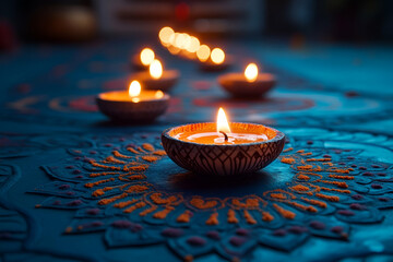 A serene arrangement of illuminated diya lamps on a vibrant blue surface, creating a peaceful and festive atmosphere.