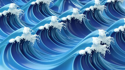 Poster - A dynamic exploration of simplified japanese style ocean waves vibrant patterns in blue tones with white foamy crests