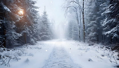 Winter scene with path in the forest, full of snow