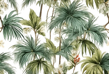 Watercolor painting of a palm tree with lush green fronds against a soft, textured background.