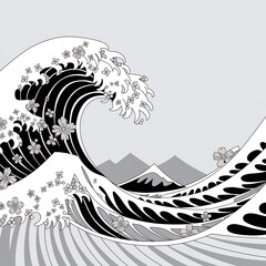Poster - Monochrome illustration of a wave pattern with floral elements and mountain background capturing tranquility and motion in nature