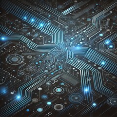 Poster - Exploring the future a detailed visualization of a futuristic circuit board with intricate patterns and glowing connections in blue and black colors
