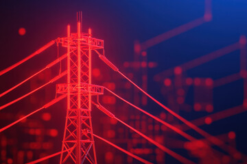 Leinwandbilder - A vivid illustration of a power transmission tower, illuminated in red, set against a digital background, symbolizing energy and technology.