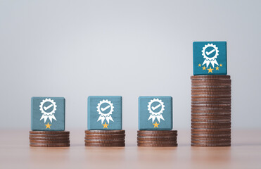 Fototapete - Best quality assurance with golden five stars on highest coins stacking among worst quality on lowest coins for high quality go product can make more business profit concept.