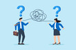 © VZ_Art - Flat illustration of two business colleagues communicate through messy line with question mark misunderstanding confusion conflict opinion discussion meeting conversation