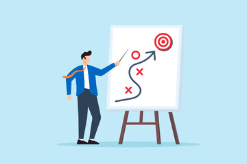 Poster - Flat illustration of smart businessman presenting business strategy on whiteboard marketing tactics project planning achieve target success winning