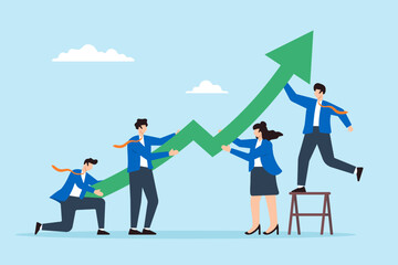 Poster - Flat illustration of business people push green growth chart arrow upward teamwork help improve company increase success efficiency