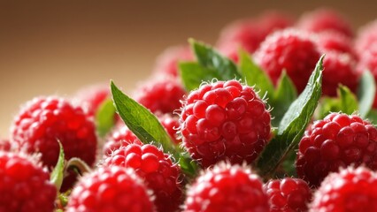 Freshly picked ripe red raspberries glistening under soft sunlight in a garden setting