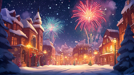 A colorful cartoon illustration of fireworks exploding over a snowy town square, with festive lights and snow-covered buildings 