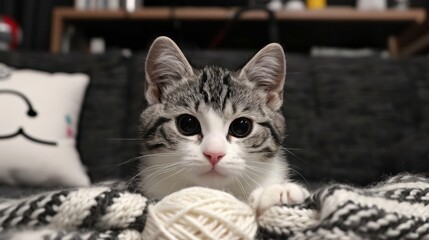 Playful Fluffy Kitten Smiling with Yarn Ball