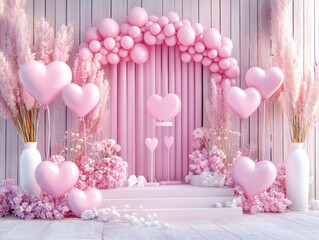 Elegant pink floral and balloon arch Valentine?s Day decor scene