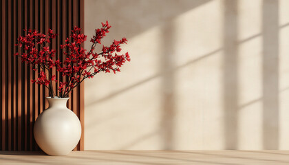 Aufkleber - A minimalist interior featuring a vase with red flowers, soft lighting, and wooden accents creates a serene atmosphere.