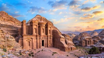 Aufkleber - A picturesque view of the ancient city of Petra with its sandstone cliffs and carved rock temples under a bright blue sky, historic setting with warm earth tones, Archaeological style