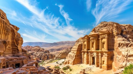 Aufkleber - A picturesque view of the ancient city of Petra, Jordan, with its intricately carved rose-red sandstone facades glowing in the warm light of the setting sun