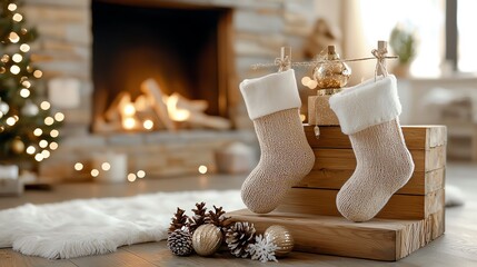 Wooden podium, vintage Christmas stockings, glowing lights, rustic holiday celebration, cozy vibes