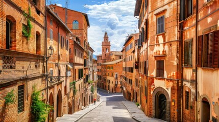 Aufkleber - A picturesque view of the charming streets and medieval architecture of Siena with its historic buildings and quaint alleyways, urban setting with warm browns and muted greens, Siena style