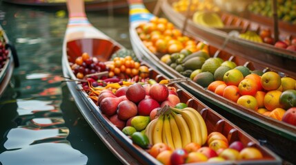 Aufkleber - A picturesque view of the floating markets in Thailand with vibrant boats and exotic fruits, market setting with lively color, Vibrant style