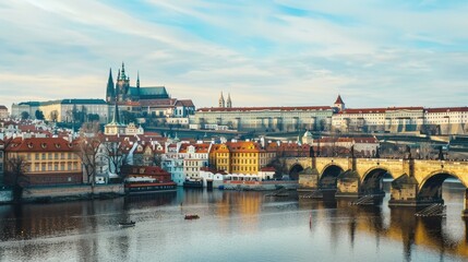 Aufkleber - A picturesque view of the historic streets and medieval architecture of Prague with its iconic castle and Charles Bridge spanning the Vltava River, historic setting with warm, earthy tones