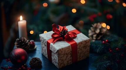 A gift with a red ribbon rests on a table amidst festive holiday decor