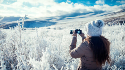 Woman takes photos of breathtaking winter landscape with snow cover.