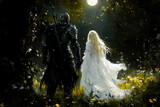 A romantic image in the dark fantasy style, featuring a beautiful princess and a knight in black armor. They stand in a field of flowers, and the image evokes both romance and sadness simultaneously.
