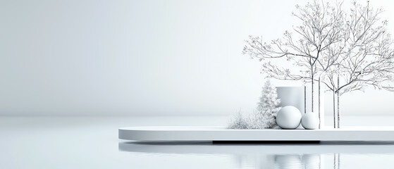 Poster - A minimalist render of a blueprint transitioning from flat design to a 3d representation of nature-inspired elements on a serene surface