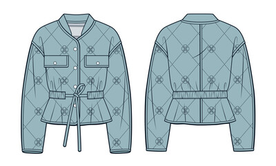 down jacket technical fashion illustration. light padded quilted jacket fashion design, drawstring w