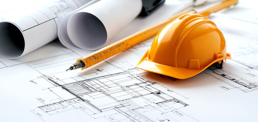 Poster - Architect sketching ideas on a blank blueprint with essential tools and safety equipment for construction projects