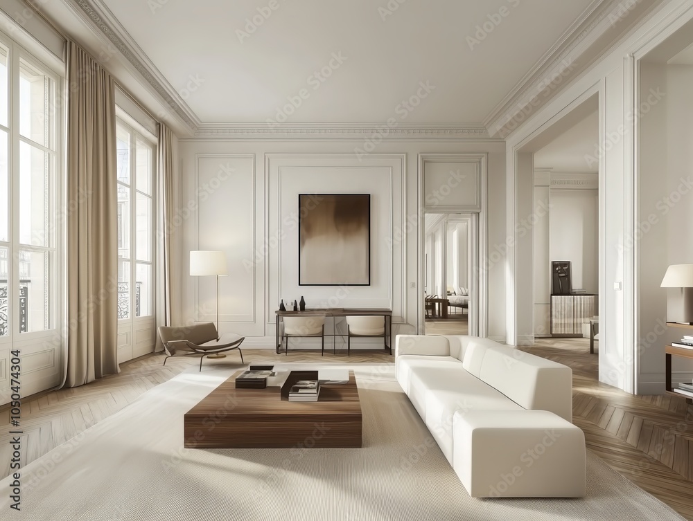 Elegant modern Parisian apartment interior, soft natural light, a spacious living room with herringbone parquet floors, sleek and stylish furniture in neutral tones, contemporary decor. A clean and cl