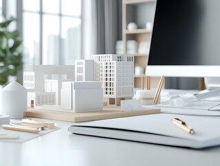 Poster - Innovative architects workspace showcasing intricate blueprints and detailed models for urban development and design projects