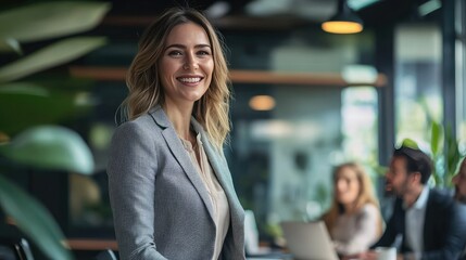 Poster - Successful woman leading a team meeting, exuding confidence. 