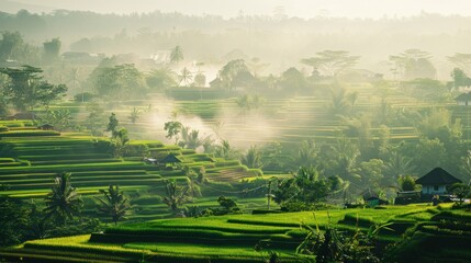 Aufkleber - A picturesque view of the serene rice terraces and traditional villages of Bali with lush greenery and misty mornings, rural setting with vibrant greens and soft grays, Bali style