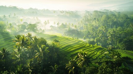 Aufkleber - A picturesque view of the serene rice terraces and traditional villages of Bali with lush greenery and misty mornings, rural setting with vibrant greens and soft grays, Bali style
