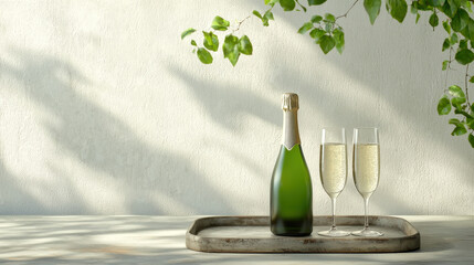 bottle of champagne and two elegant glasses are beautifully arranged on vintage tray, surrounded by soft green leaves. This serene setting evokes sense of celebration and tranquility