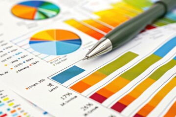 Poster - pen is lying on a printed data sheet with colorful graphs showing positive business growth