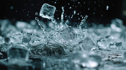 Poster - Ice cubes splashing in water with droplets, creating a refreshing and cool atmosphere