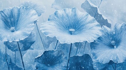 Poster - Lotus leaves covered in snow, presented in cool blue tones, creating a serene and calming visual