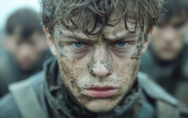 a young soldier, face smeared with mud, stares intensely. his grim determination is palpable amidst 