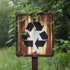 A rusty sign featuring a visible recycling symbol, surrounded by green vines, highlighting environmental awareness