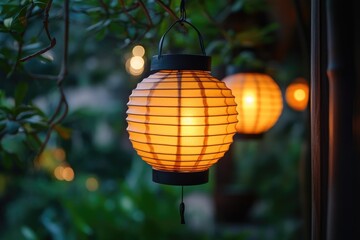 Wall Mural - Round paper lantern hanging in a garden at night creating a cozy atmosphere