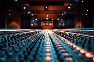 Professional mixing console in recording studio with speakers and spotlights