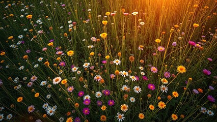 Golden Hour Meadow: A breathtaking aerial view captures a vibrant tapestry of wildflowers bathed in the warm glow of the setting sun. Colors burst with life, creating a scene of serene beauty.